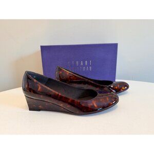 Stuart Weitzman Nusimple Cognac Tartaruga Patent Leather Wedge Shoes 7M With Box